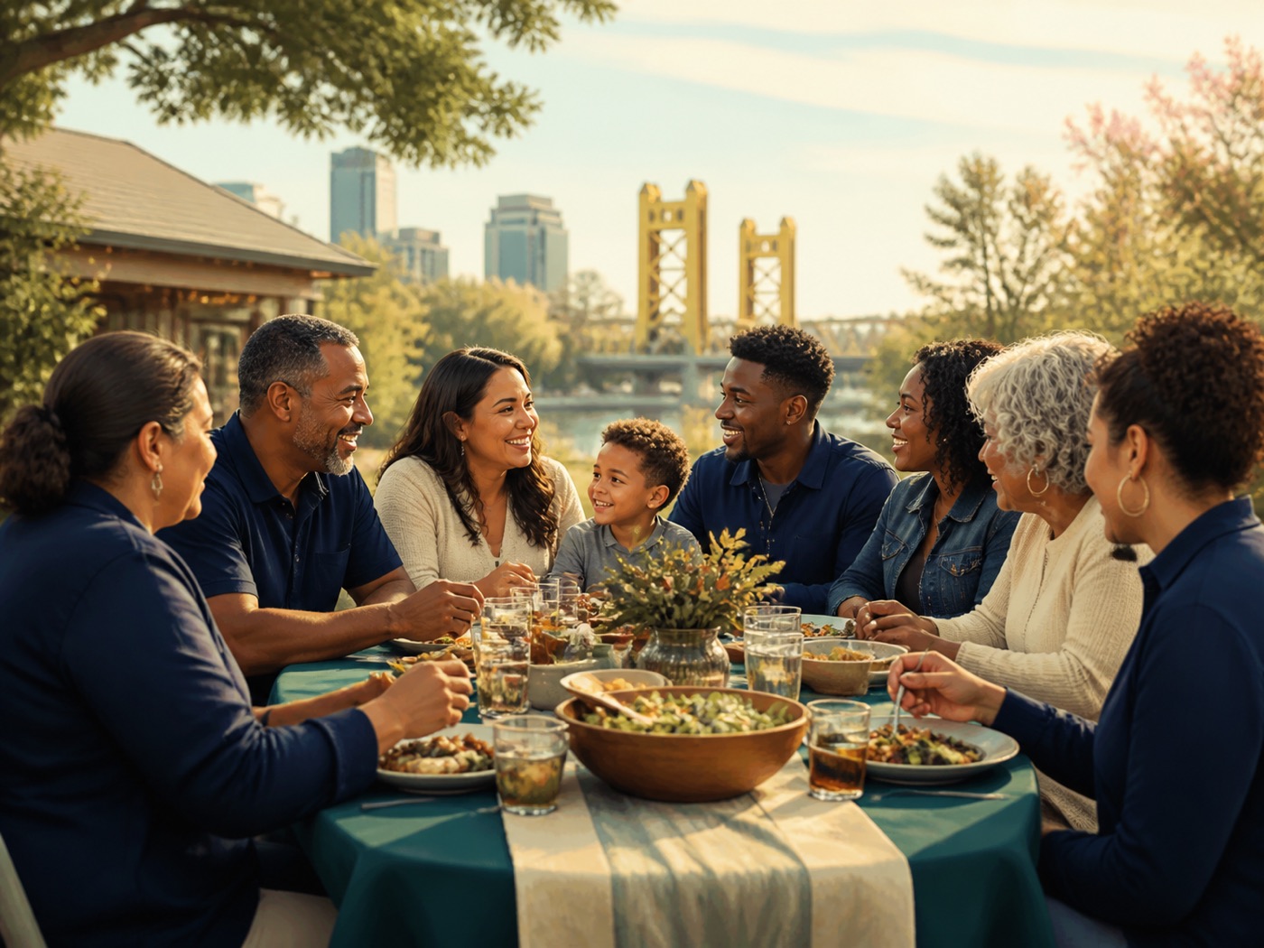 A multigenerational family sharing a meal in Sacramento, representing family reconnection after incarceration.