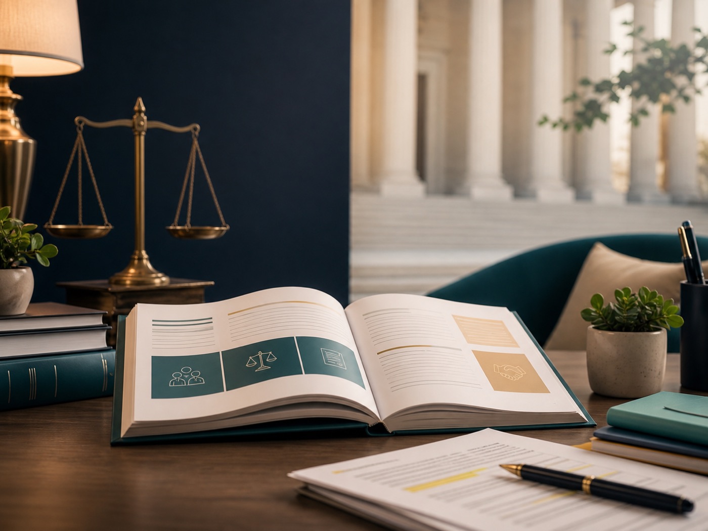 Family-law reference materials and scales of justice representing child-support review and court procedures.