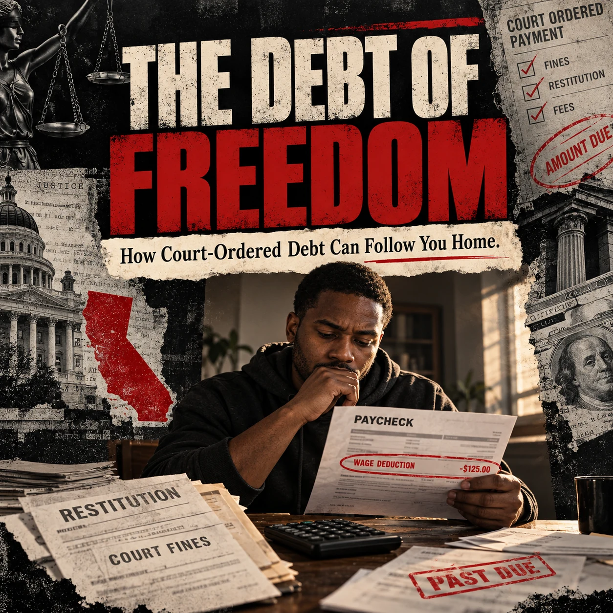 The Debt of Freedom editorial artwork about court-ordered fines, restitution, fees, and wage deductions after release.