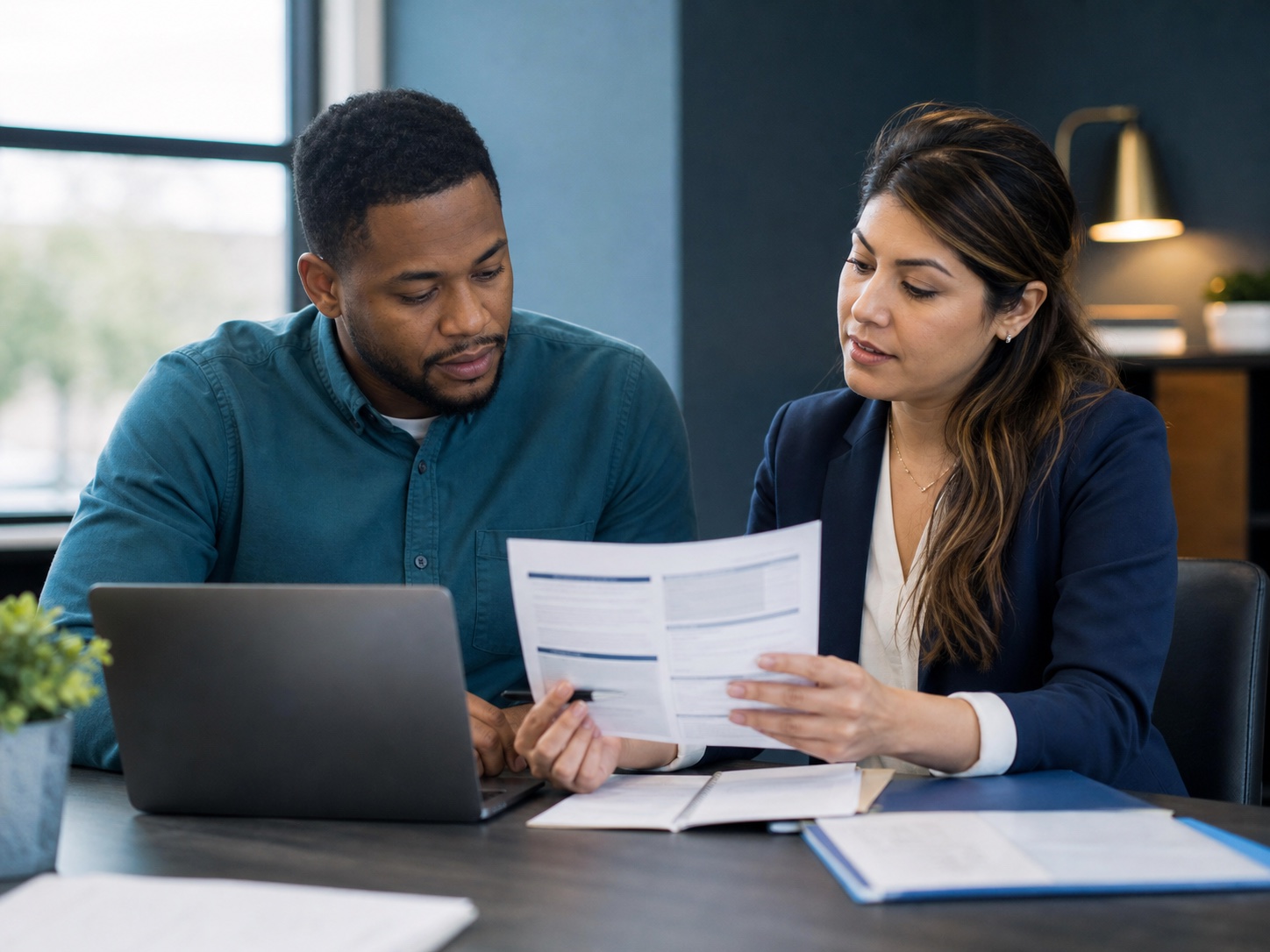 A returning citizen meeting with a professional advisor and reviewing documents, representing organized reentry planning.